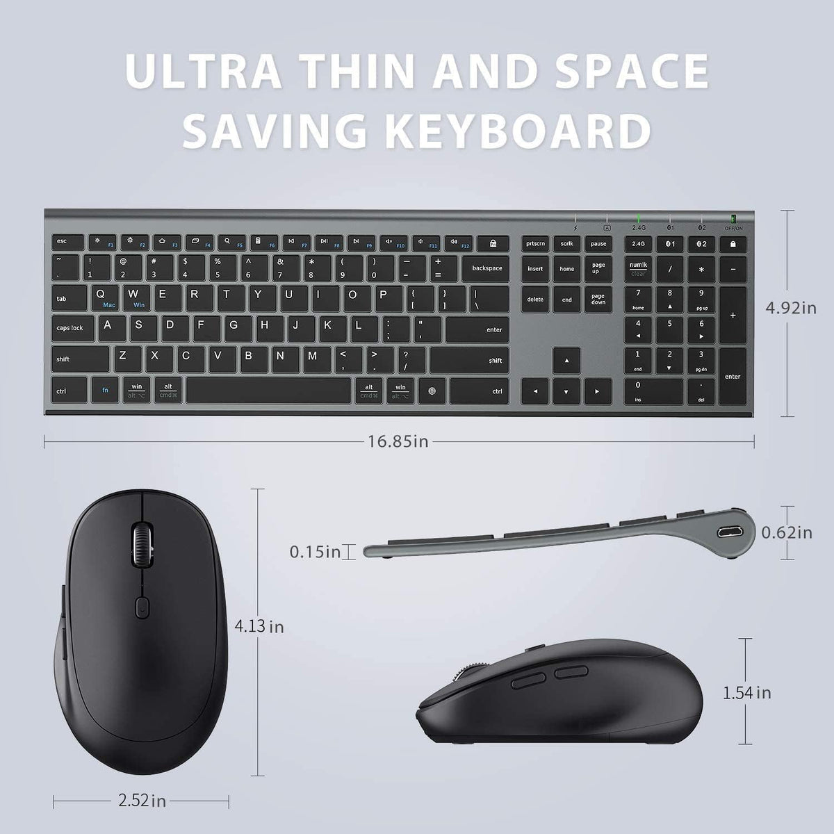 iClever DK03 Bluetooth Keyboard and Mouse Combo, Slim Full-Size, Space Gray