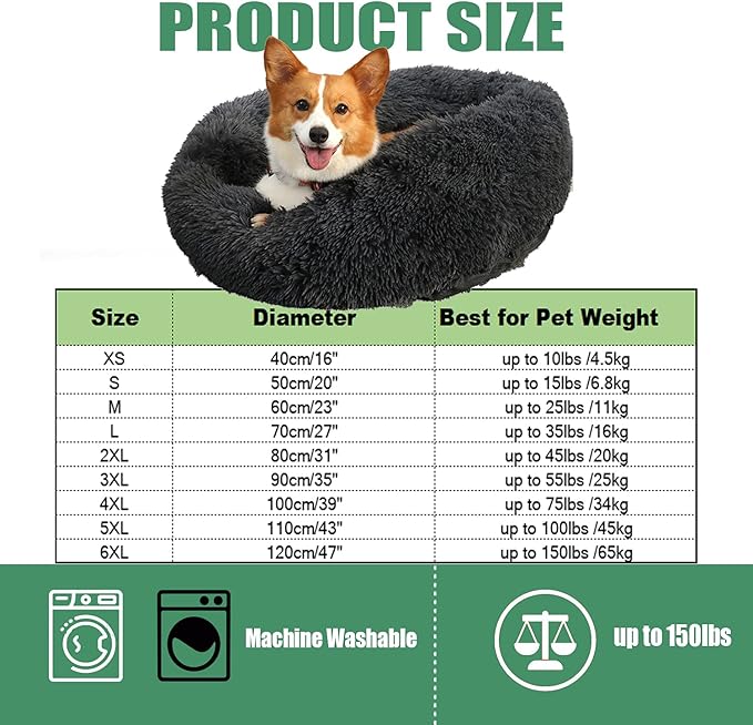 Calming Faux Fur Dog Beds Calming Donut Cuddler Dog Bed Washable Round Cat Bed Pillow Cuddler Fluffy Indoor Dog Calming Beds with Anti Slip Bottom Solid Color Coffee 39 Inch