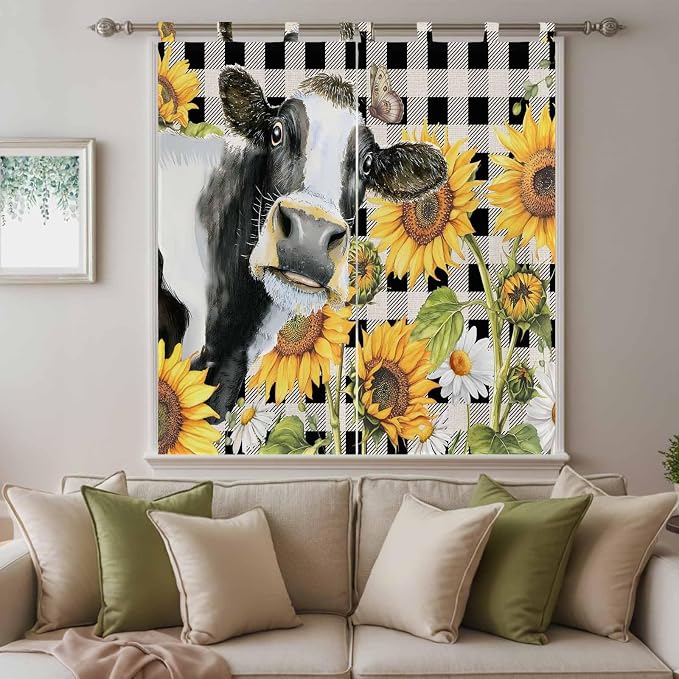 Retro Sunflowers Bathroom Curtains 63 Inch Length, Window Curtains Tab Top