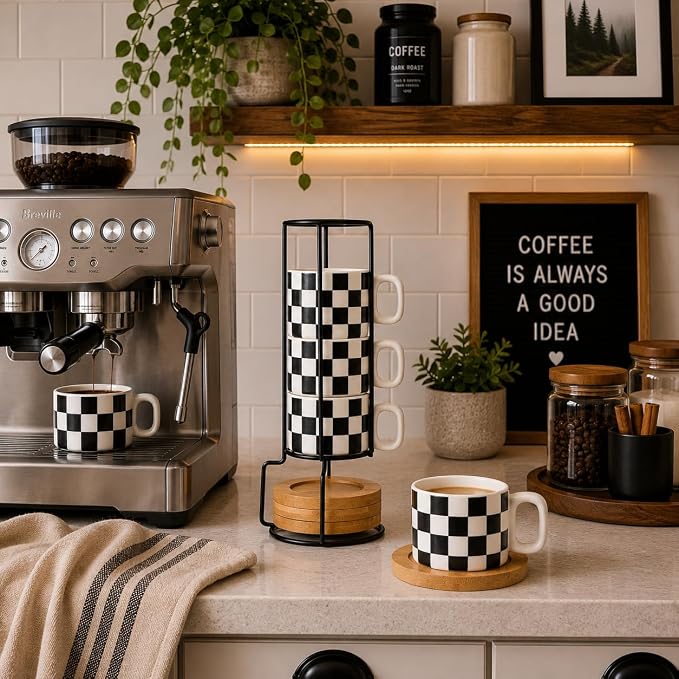 LUKA Porcelain Stackable Black and White Checkered Espresso Cups