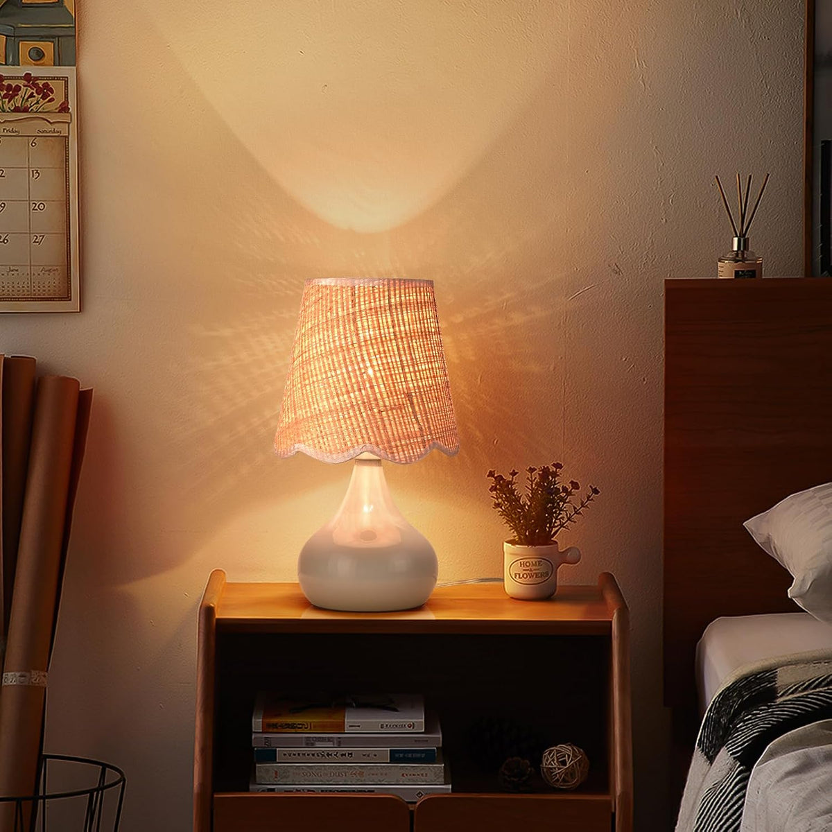 Light Blue Boho Small Table Lamp for Small Spaces, Small Rattan Shade Bedside Lamp for Bedroom, Cute Nightstand Light for Bedside, Kitchen Counter, Bookshelf Lamp, Home Office, Living Room, Dorm