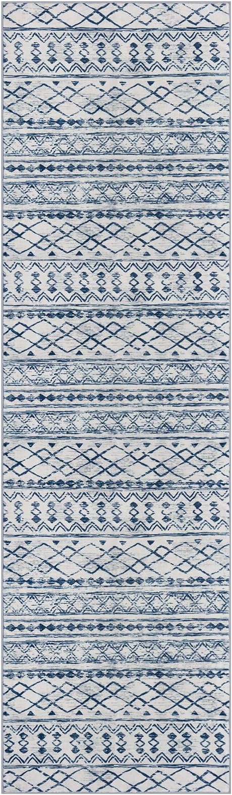 KUTA Moroccan Washable Hallway Runner Rug, 2x8 Non-Slip Vintage Blue White Boho