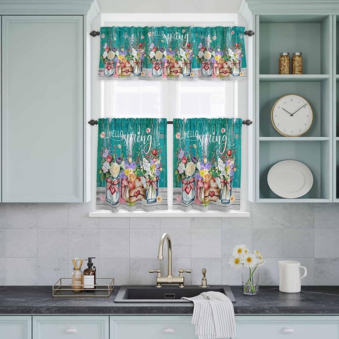 Spring Flowers Kitchen Curtain Set, Farmhouse Watercolor Teal Wood Grain Window
