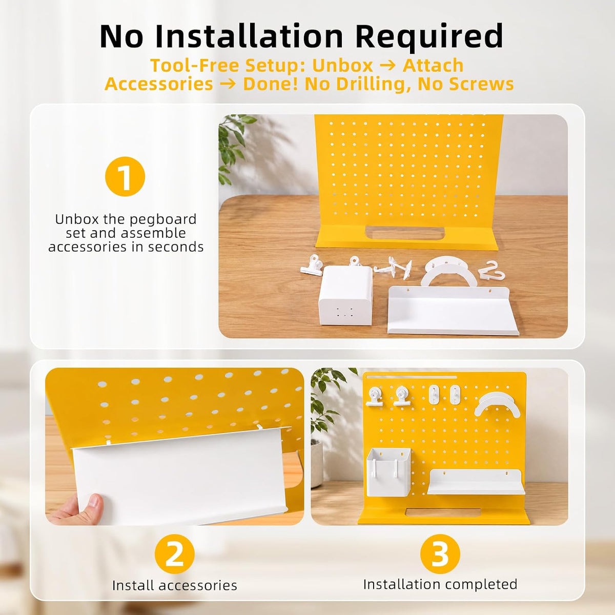 Metal Desk Pegboard Organizer, No Drill Modular Storage Kit 10 Accessories 15.8x11.8in White Yellow for Office Vanity