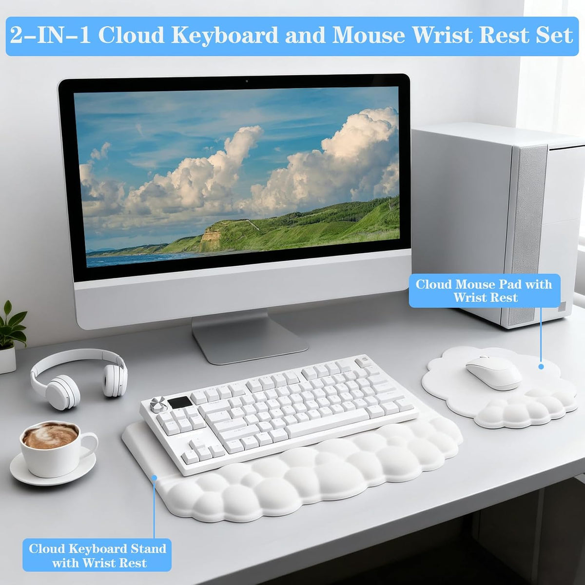 Computer Keyboard Stand with Wrist Rest, Ergonomic Tilted Keyboard Holder - Keyboard Riser with Wrist Pad - Keyboard Tray Support for Office Home -Cloud White Set