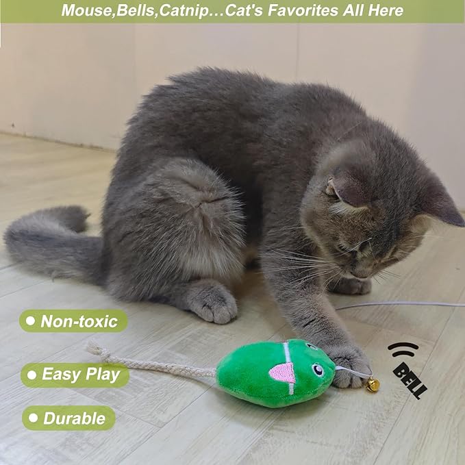 Interactive Cat Toy Wand with Catnip Mouse, Cat Teaser Wand Rainbow String for Bored Indoor Adult Cats and Kittens (2 Pack Mouse)