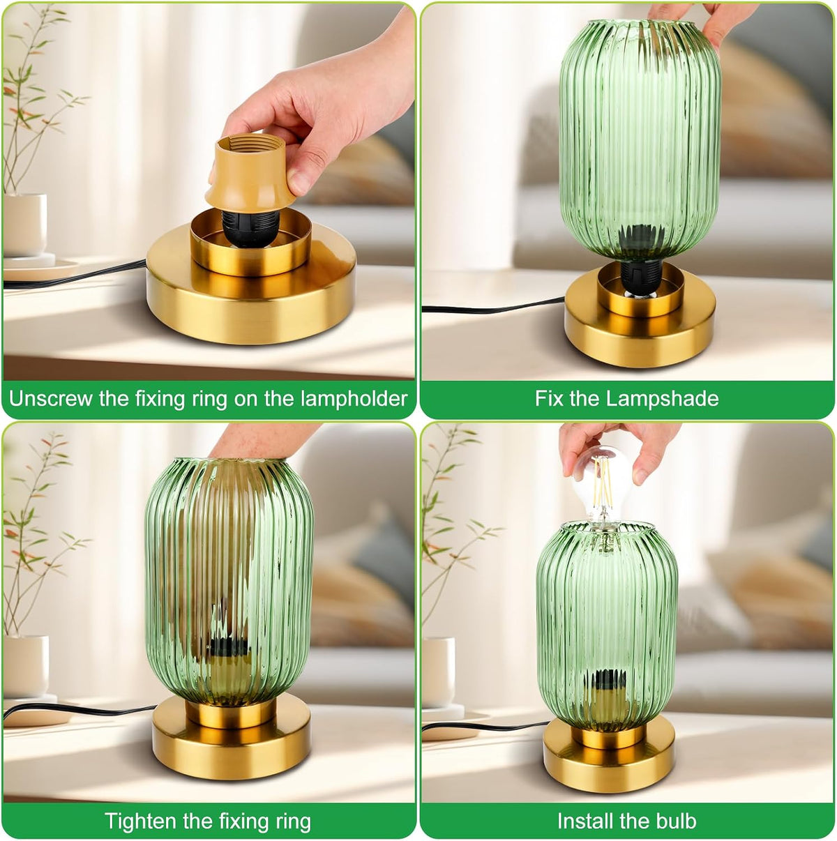 Mid Century Modern Gold Table Lamp with Ribbed Green Glass Shade