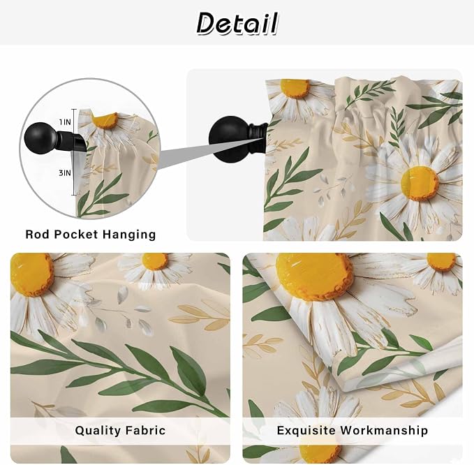 Spring Daisy Kitchen Curtains, Country Watercolor Flower Leaf Plant Light