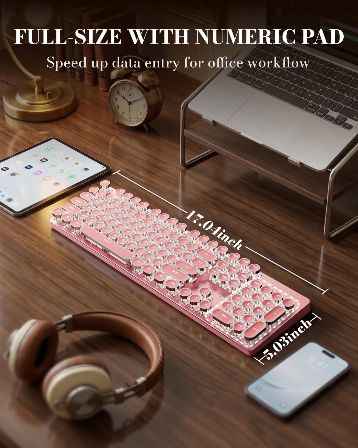 Wireless Typewriter Style Mechanical Keyboard with White Backlit, Pink