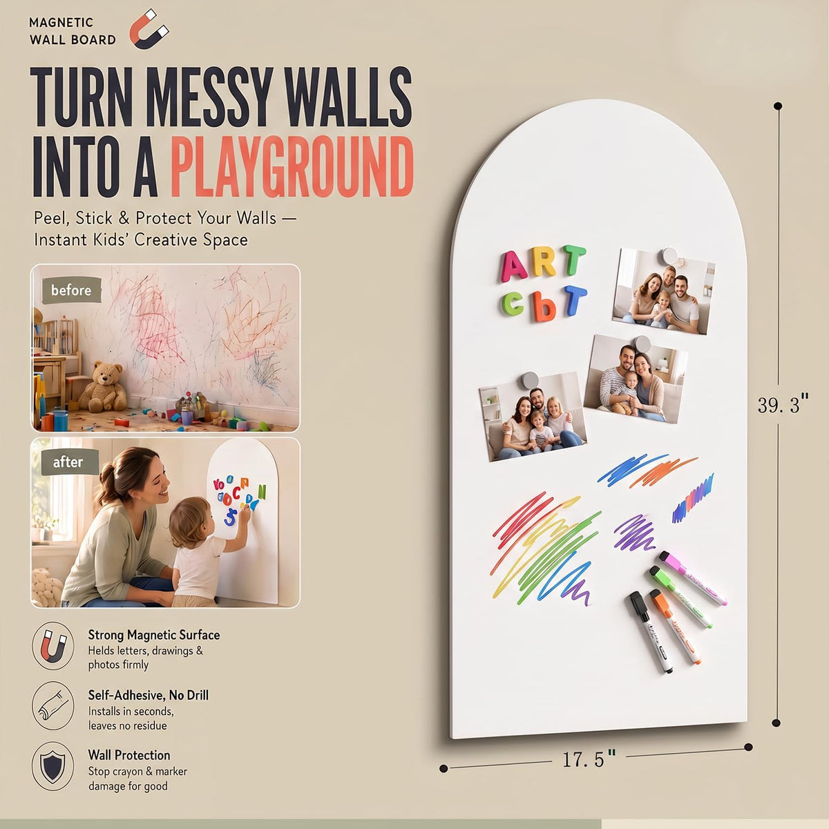 Magnetic Whiteboard Wall Arch Decal 39.3"x17.5" Adhesive Magnetic Dry Erase White Board Sticker with 36 Magnet Letter Removable Contact Paper Peel and Stick Whiteboard Wallpaper Roll