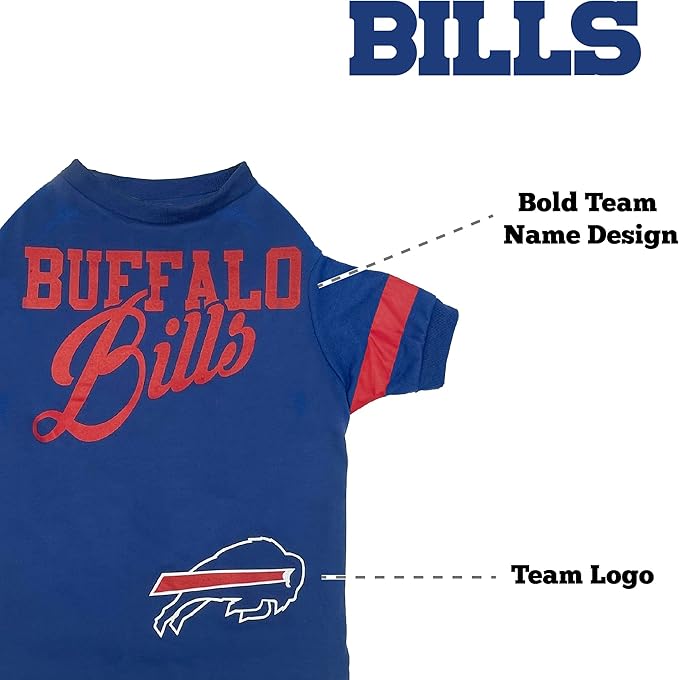 Pets First NFL Buffalo Bills T-Shirt for Dogs & Cats, Small. Football Dog Shirt for NFL Team Fans. New & Updated Fashionable Stripe Design, Durable & Cute Sports PET TEE Shirt Outfit (BUF-4146-SM)