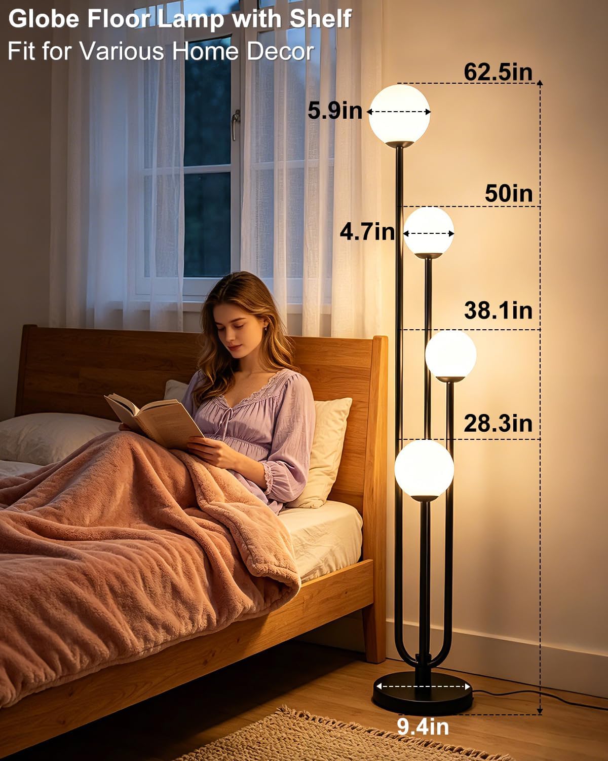 63IN 4-Light Globe Floor Lamp, Unique Black Tall Standing Lamps with 3000K Bulbs for Reading, Mid Century Modern Floor Lamp with 5Lbs Heavy Base for Living Room Bedroom Office