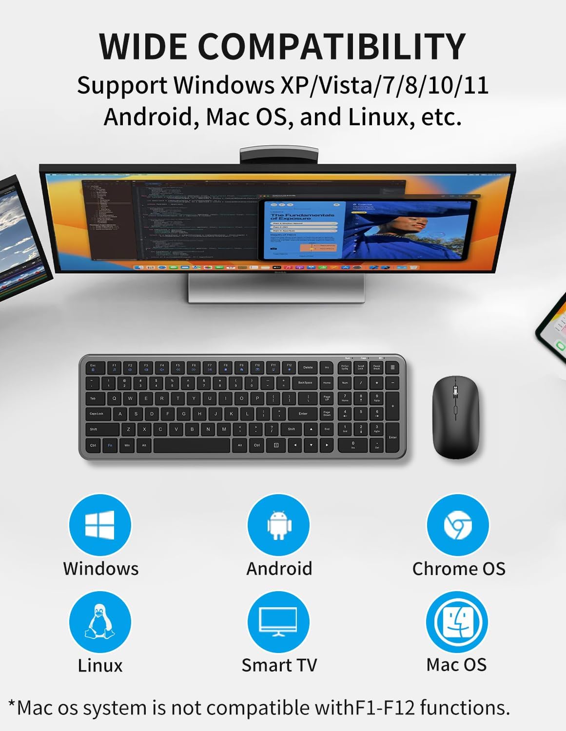 Wireless Keyboard and Mouse Combo, Slim Compact Full Size Flat Keyboard with Calculator Button, Silent Computer Mouse, 2400 DPI, 2.4G USB Cordless Set Suitable for Laptop PC Windows Mac - Gray 