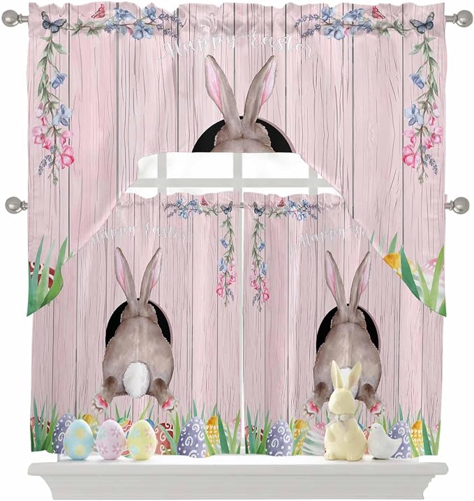 Swag Valance Curtains, Easter Cute Rabbit and Colorful Eggs Rod Pocket Valances