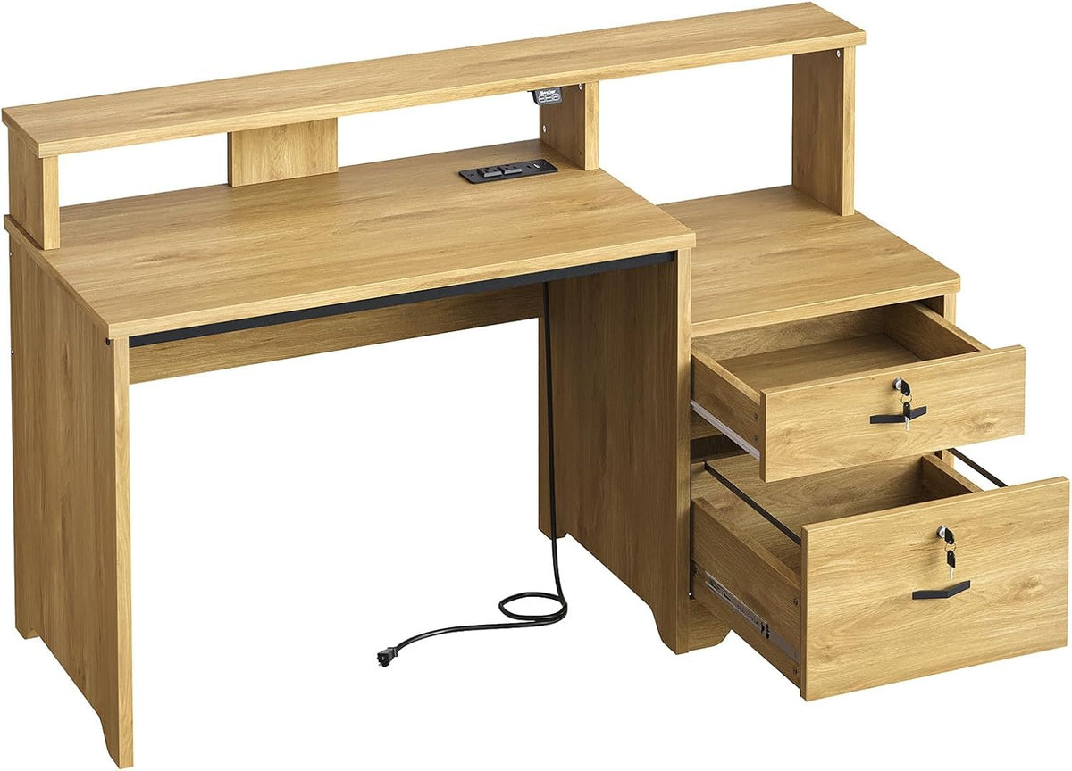 Bestier 55-Inch Computer Desk with Power Outlets & LED Lights, Natural Oak
