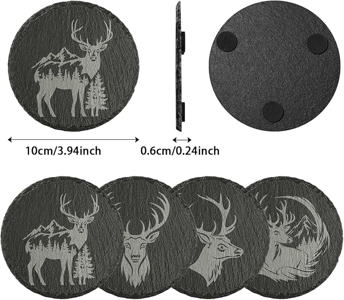 4Pcs Slate Coasters with Deer Pattern, Round 3.94 inch Cup Mats