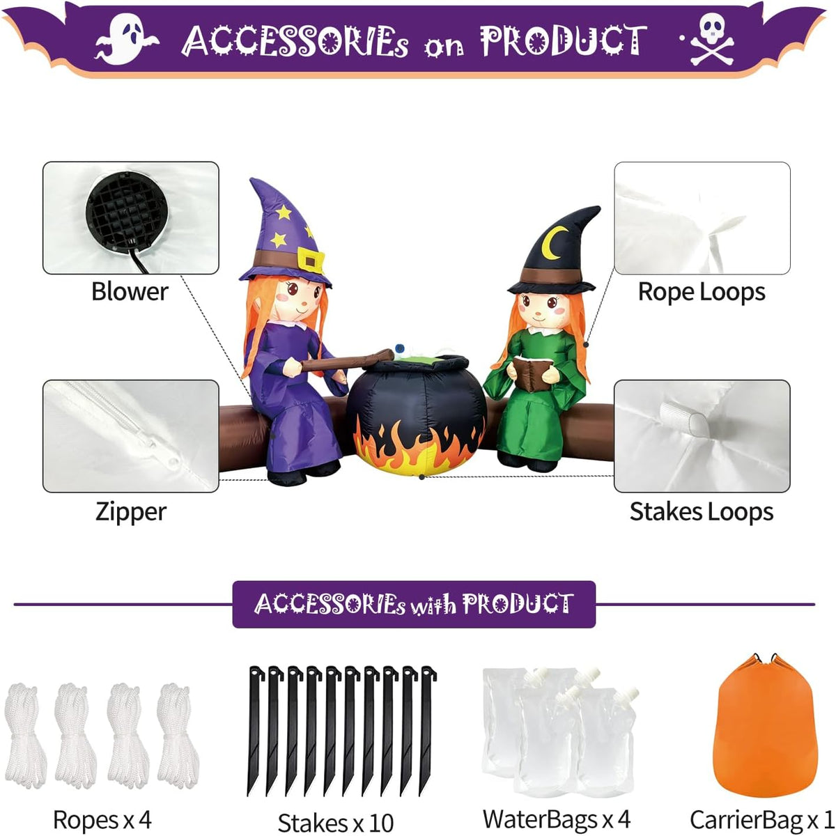 DomKom 6FT Halloween Inflatable Blow Up Decorations, Cute Witches with Cauldron Over Campfire, Built-in LEDs for Holiday Party, Garden, Lawn, Yard, Patio Décor