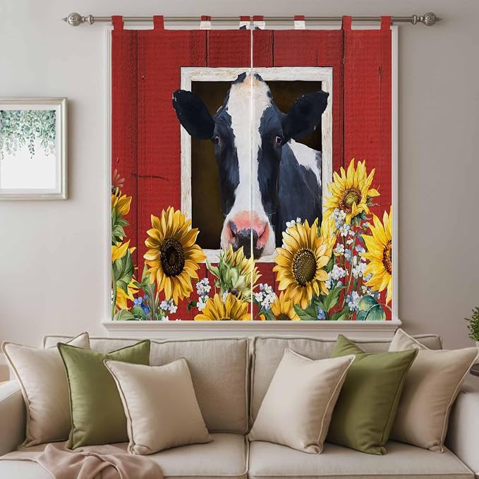 Cow Sunflowers Bedroom Curtains 72 Inch Length, Window Curtains Tab Top