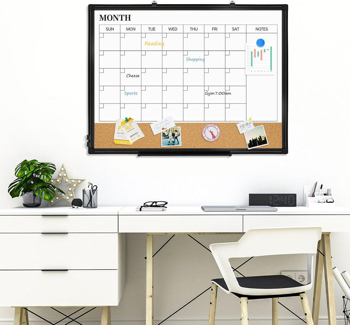 Monthly Dry Erase Calendar Whiteboard with Corkboard, 36" x 24", Black