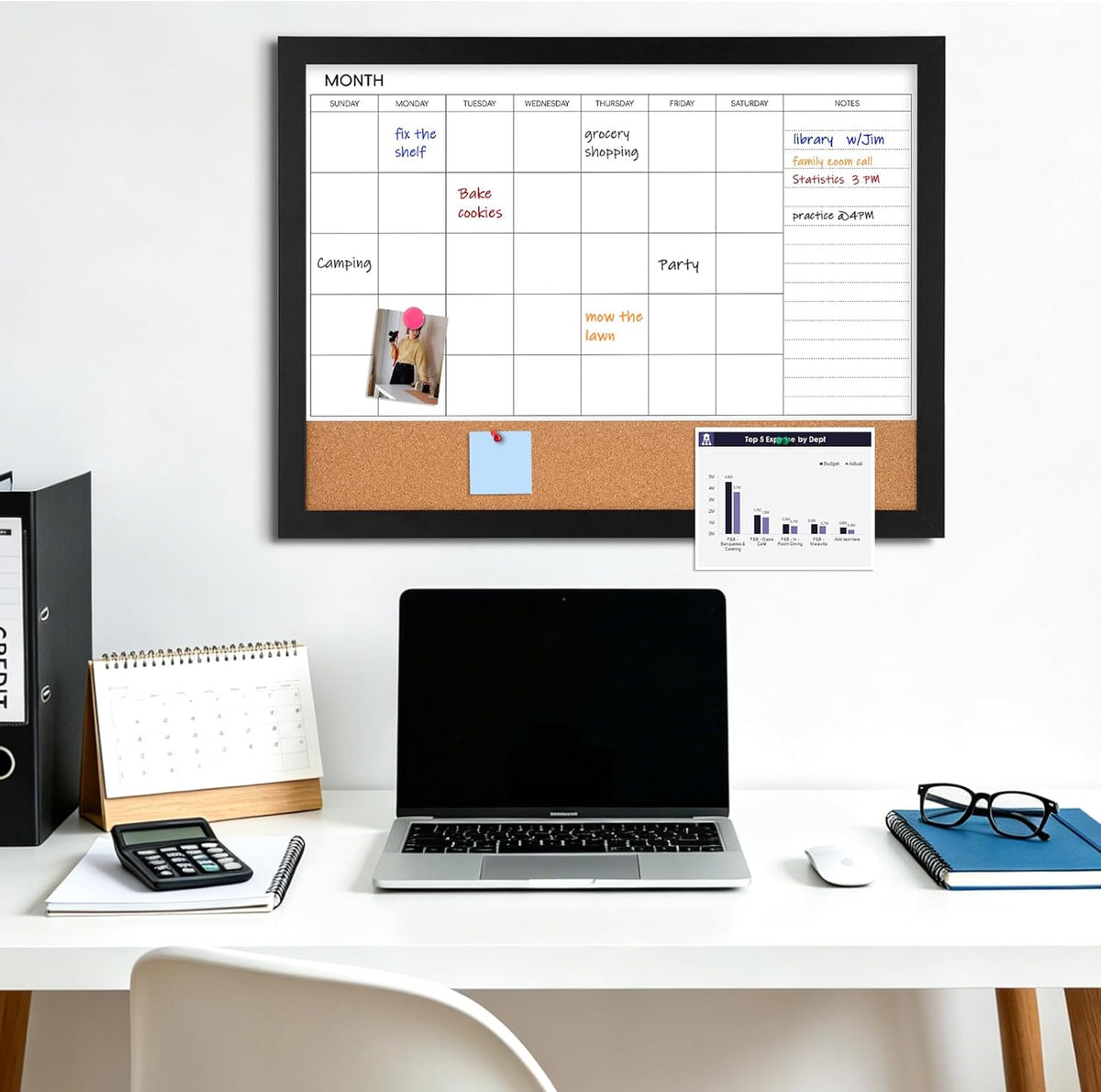 Calendar Whiteboard for Wall, 24" x 18" Dry Erase Monthly Cork White Board