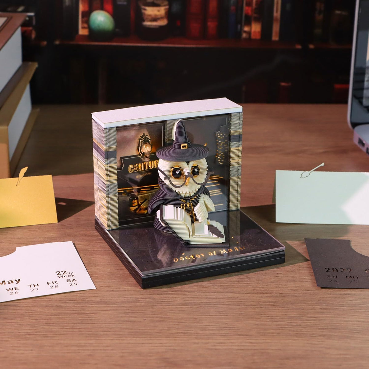 3D Timepiece Calendar 2027 with LED Light, 3D Memo Pad Paper Carving Art, Tear Away Desk Calendar for Daily Planner, Notepad & Bookmark, Creative Paper Sculpture for Office Decor & Gift (Wise Owl)