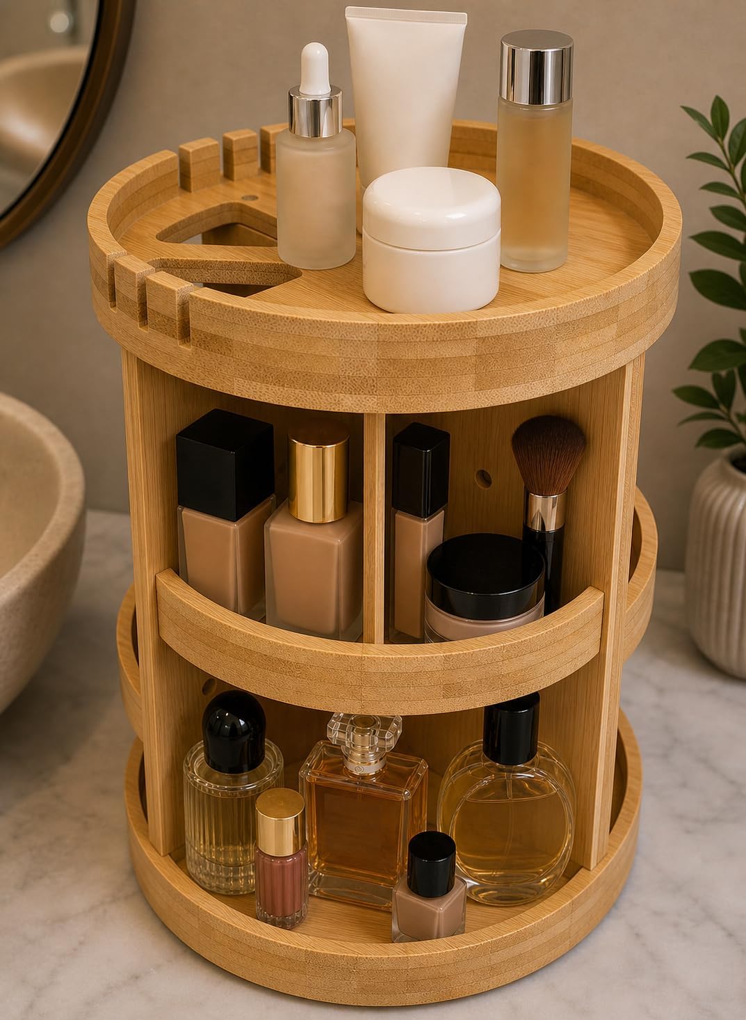 Bamboo Rotating Makeup Organizer with Adjustable Shelves - Round, Multipurpose Storage 360° Carousel for Vanity, Bathroom, Kitchen Countertop, Bedroom, Desk