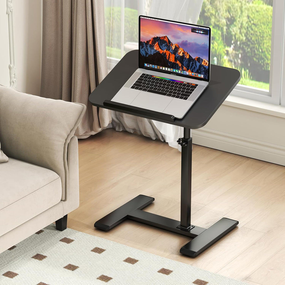 Adjustable Height C Shaped Side Table,360°Swivel Overbed Table,Top Tilting Laptop Stand Table with Hidden Wheels,Mobile Couch End Tables that Slide under,Rolling TV Coffee Table for Sofa/Bed(black)
