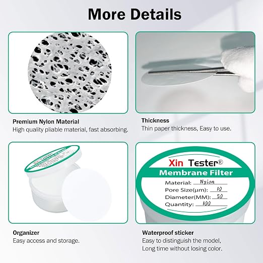 Xin Tester 100 Pieces Nylon Disc Membrane Filters, 50 mm Diameter, 10µm Pore