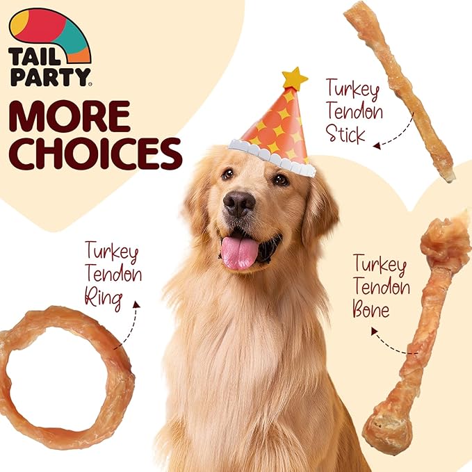 TailParty Turkey Tendons for Dogs, 1 lb, Dog Training Treats, Natural Long-Lasting Chew Snacks, High-Protein Beef Tendons, Healthy Hypoallergenic Turkey Strips, Jumbo Pack(40 Units/Pack)