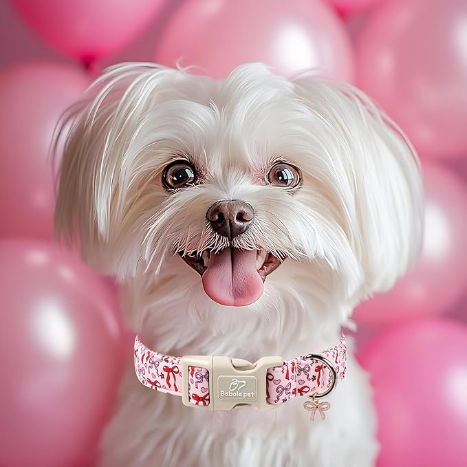 Girl Dog Collar for Small Dogs - Cute Heart Bow Print Girly Dog Collars, Soft Adjustable Spring/Summer Holiday Female Dogs Collar with Quick-Release Buckle S