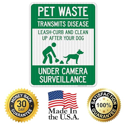 Pet Waste Leash-Curb and Clean Up After Your Dog Under Camera Surveillance Sign, 24x30 Inches, 3M EGP Reflective .080 Aluminum, Fade Resistant, Made in USA