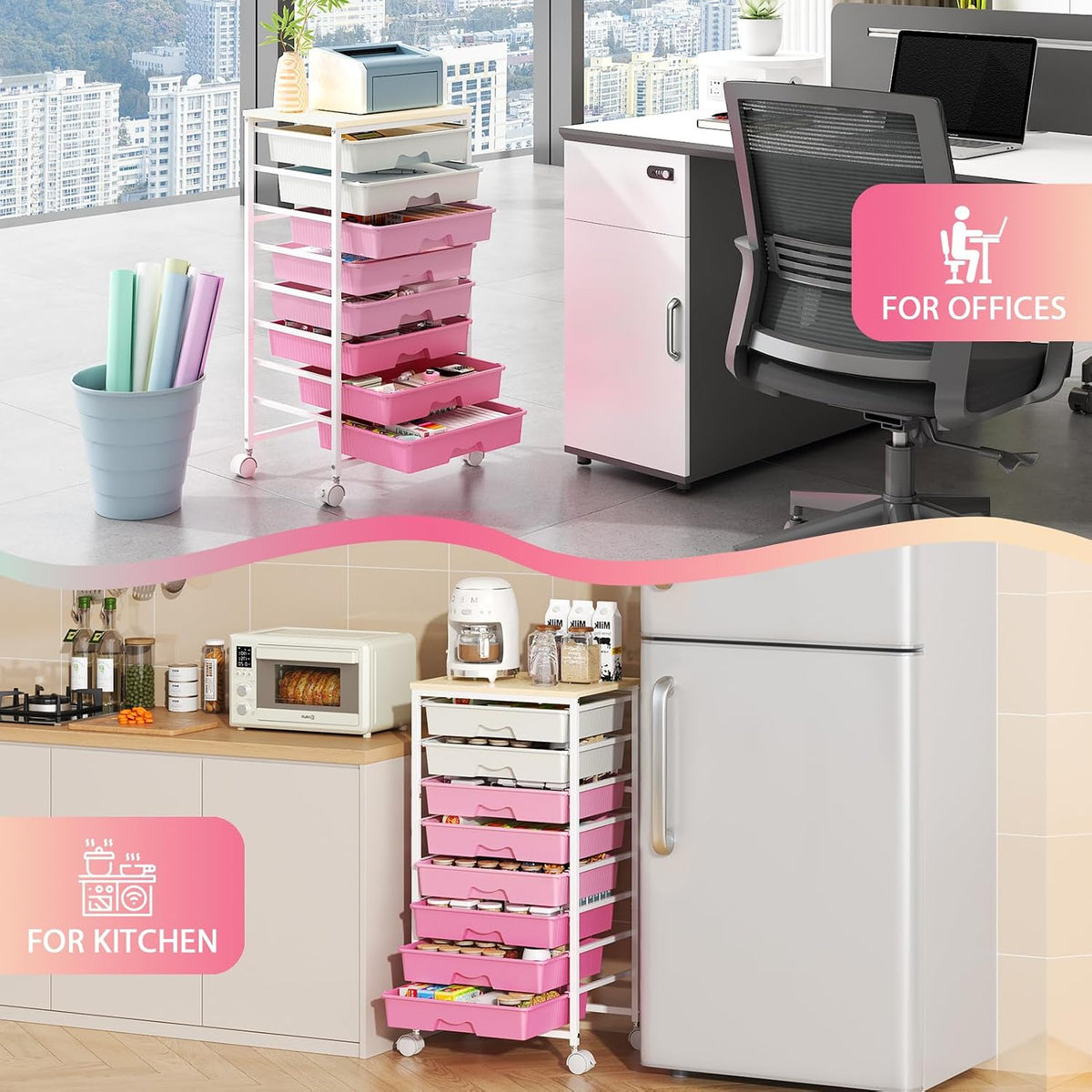Goovilla Rolling Cart with 8 Drawers for Art, Dorm, Office, Craft, Pink