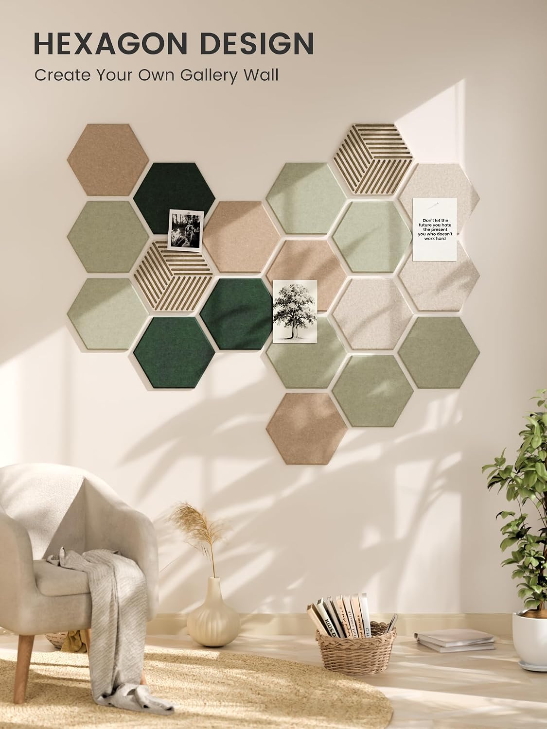 Fluxynara 12-Pack Hexagon Felt Bulletin Board Tiles, Nordic Moss