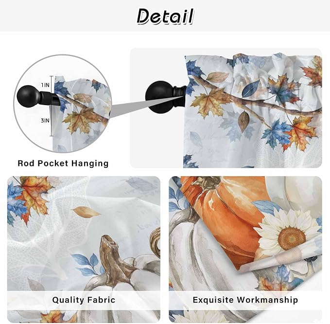 Fall Blue Maple Kitchen Tier Curtains 24 Inch Long 2 Panel Set, Rod Pocket Cafe