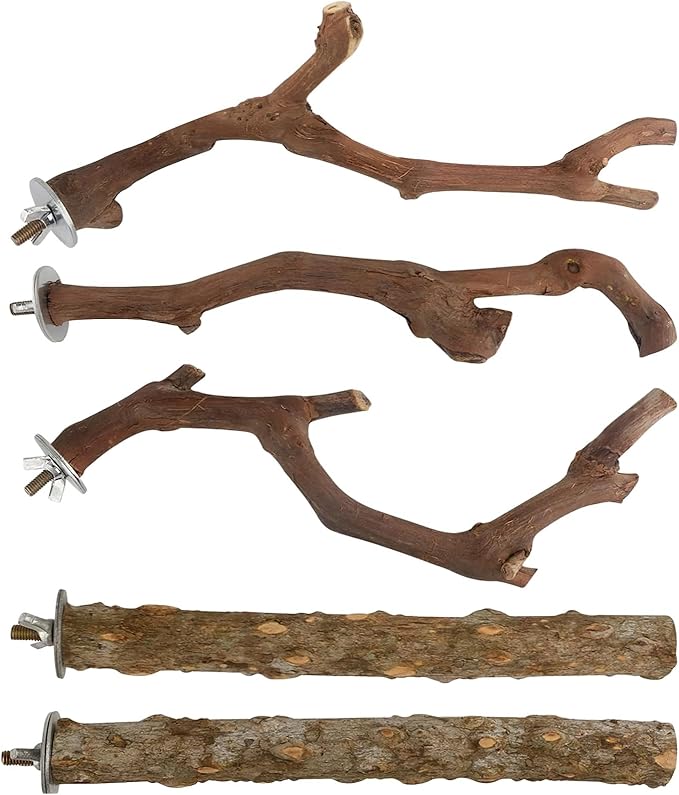 5 PCS Wood Bird Perches, Natural Grape Wood Branches with Mounts, Bird Stand and Paw Grinding Accessories, Cage Perches for Parakeet, Cockatiel, Conure, Budgie