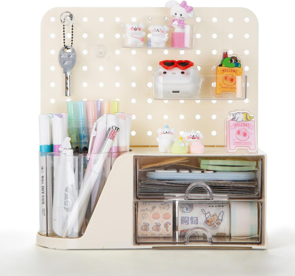 Comix Desk Organizer with 2 Drawer, Beige 360° Rotating Pen Holder for Desk