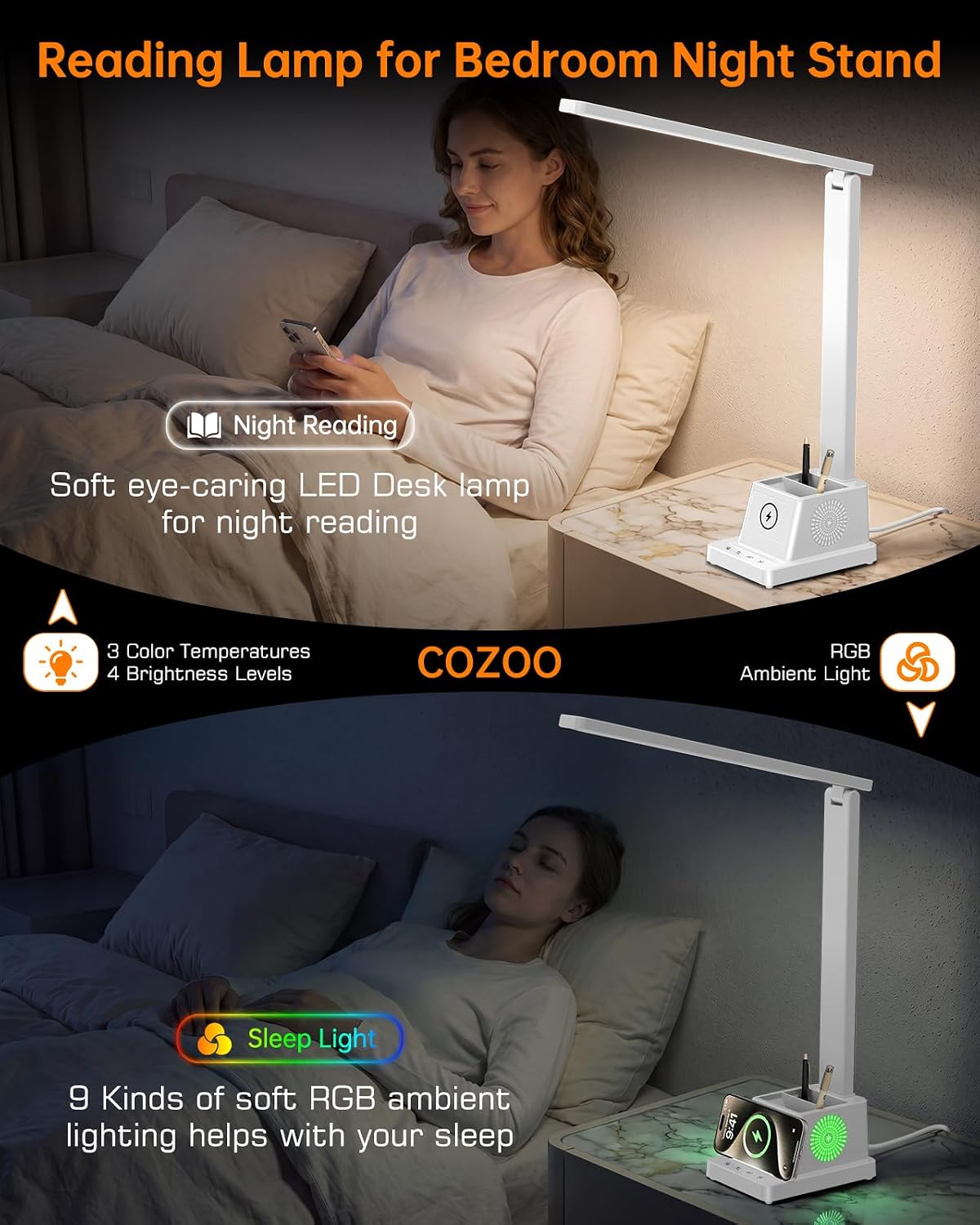 cozoo LED Desk Lamp for Home Office,15W Wireless Charger Pen Holder, White