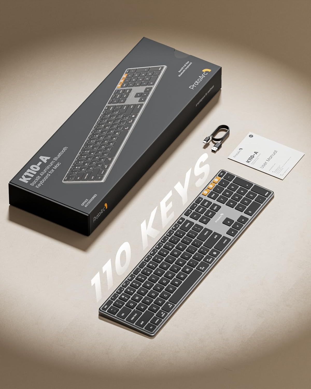 ProtoArc K110-A Backlit Wireless Keyboard for Mac, Aluminum, Space Gray
