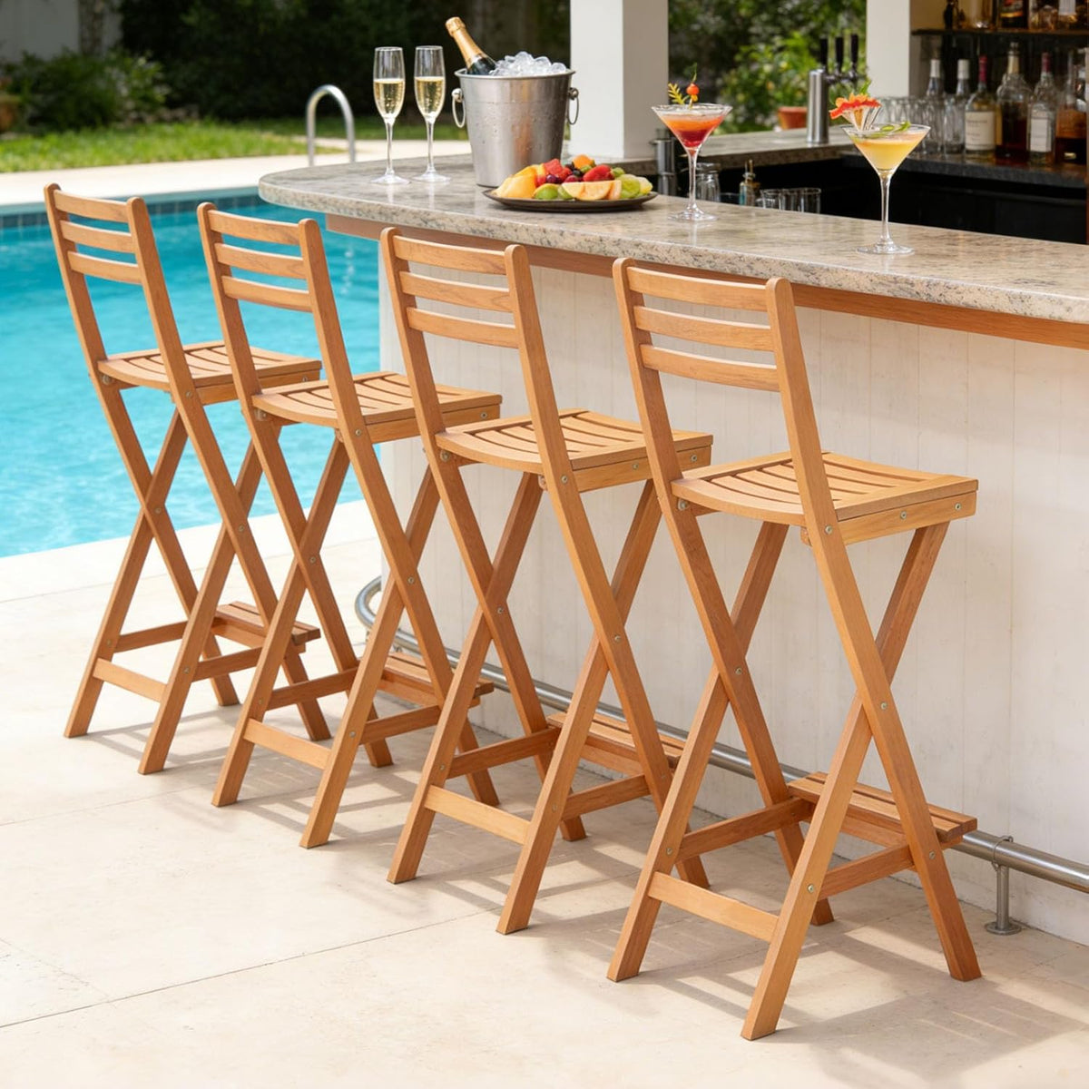 COSTWAY Outdoor Acacia Wood Folding Bar Stool with Slatted Backrest