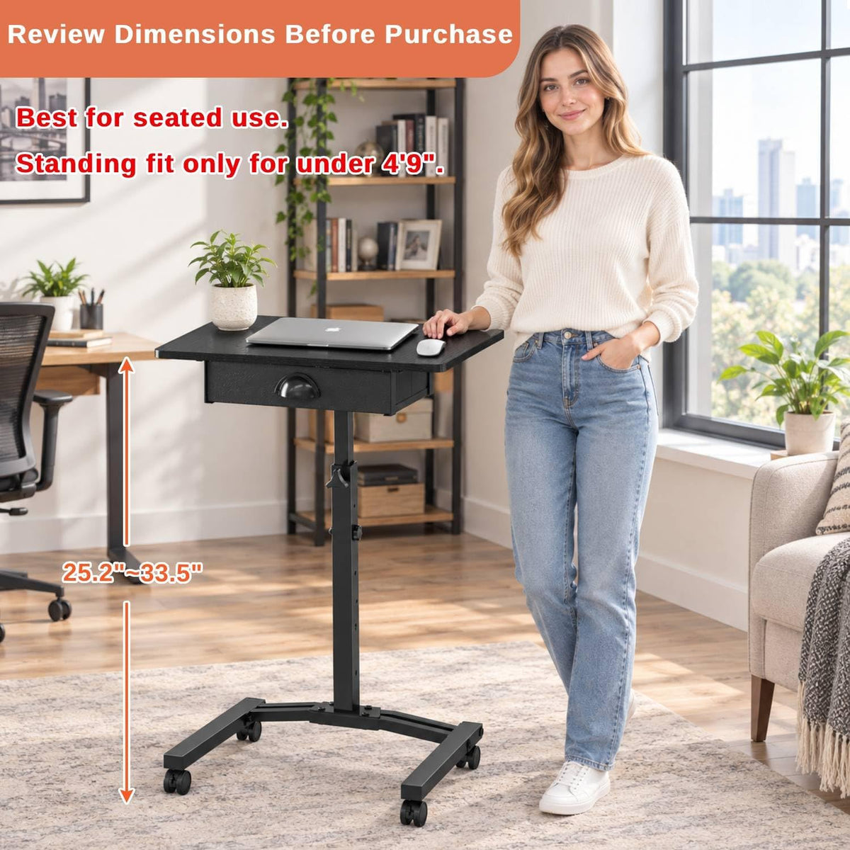 Rolling Adjustable Height Computer Desk With Drawers, Small Mobile Laptop Desk Cart On Wheels For Small Spaces Home Office, Portable Sitting Laptop Table For Bed Couch Load Up To 60LBS, Sturdy, Black