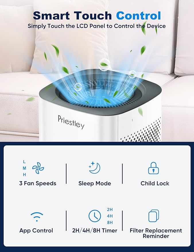 Priestley Air Purifier for Bedroom, Dorm Up to 1100Ft², Smart WiFi Air Purifiers