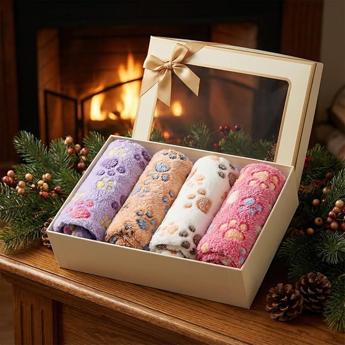 Tatuo 4 Pcs Dog Blanket for Pet Cat Blankets Indoor Puppy Teething Stuff Toys Paw Print Fleece Soft Blanket Sleep Mat for Guinea Pig Cage(White, Coffee, Pink, Purple,29 x 29 Inches,Round)