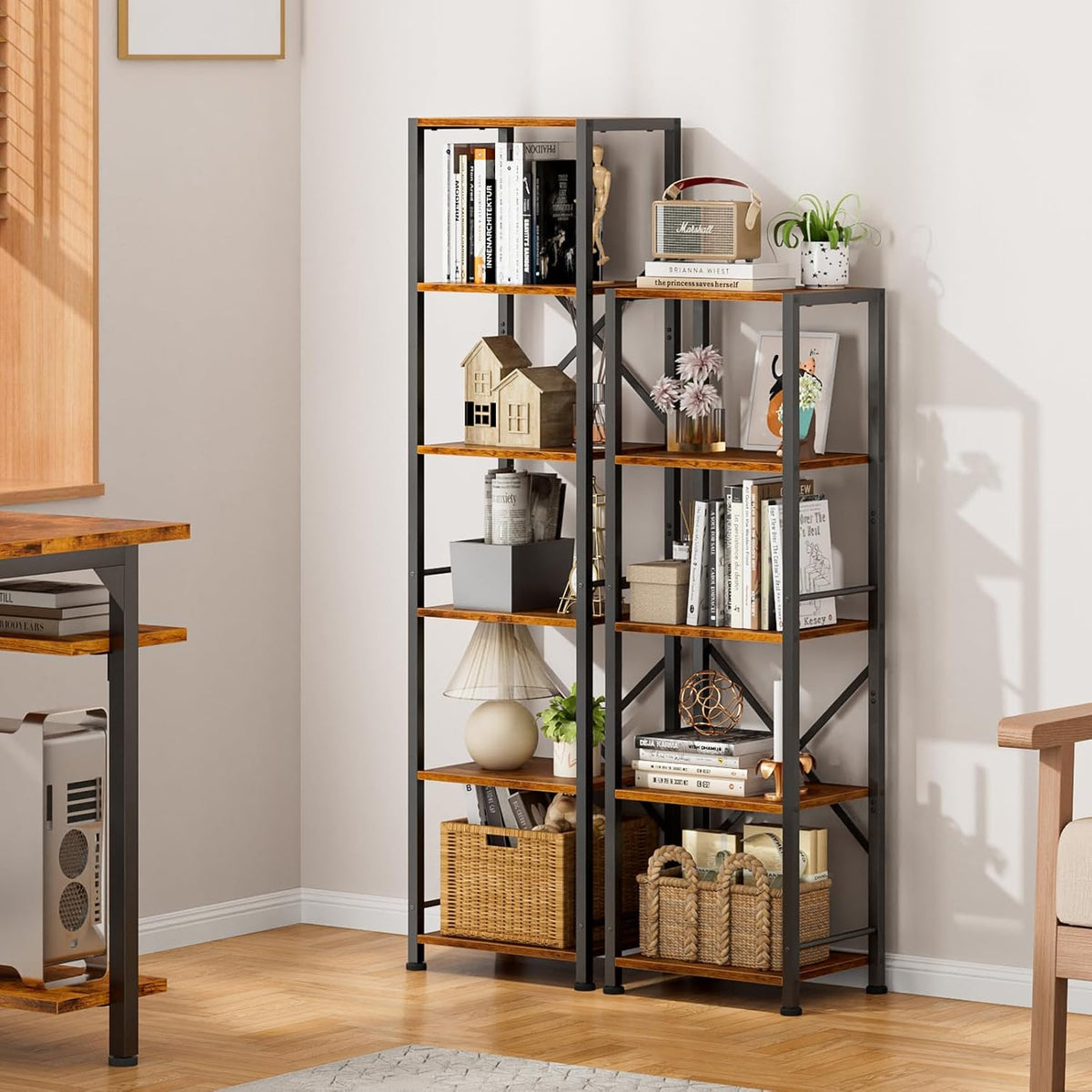 Furologee 6 Tier Bookshelf, Tall Narrow Bookcase, Rustic Brown