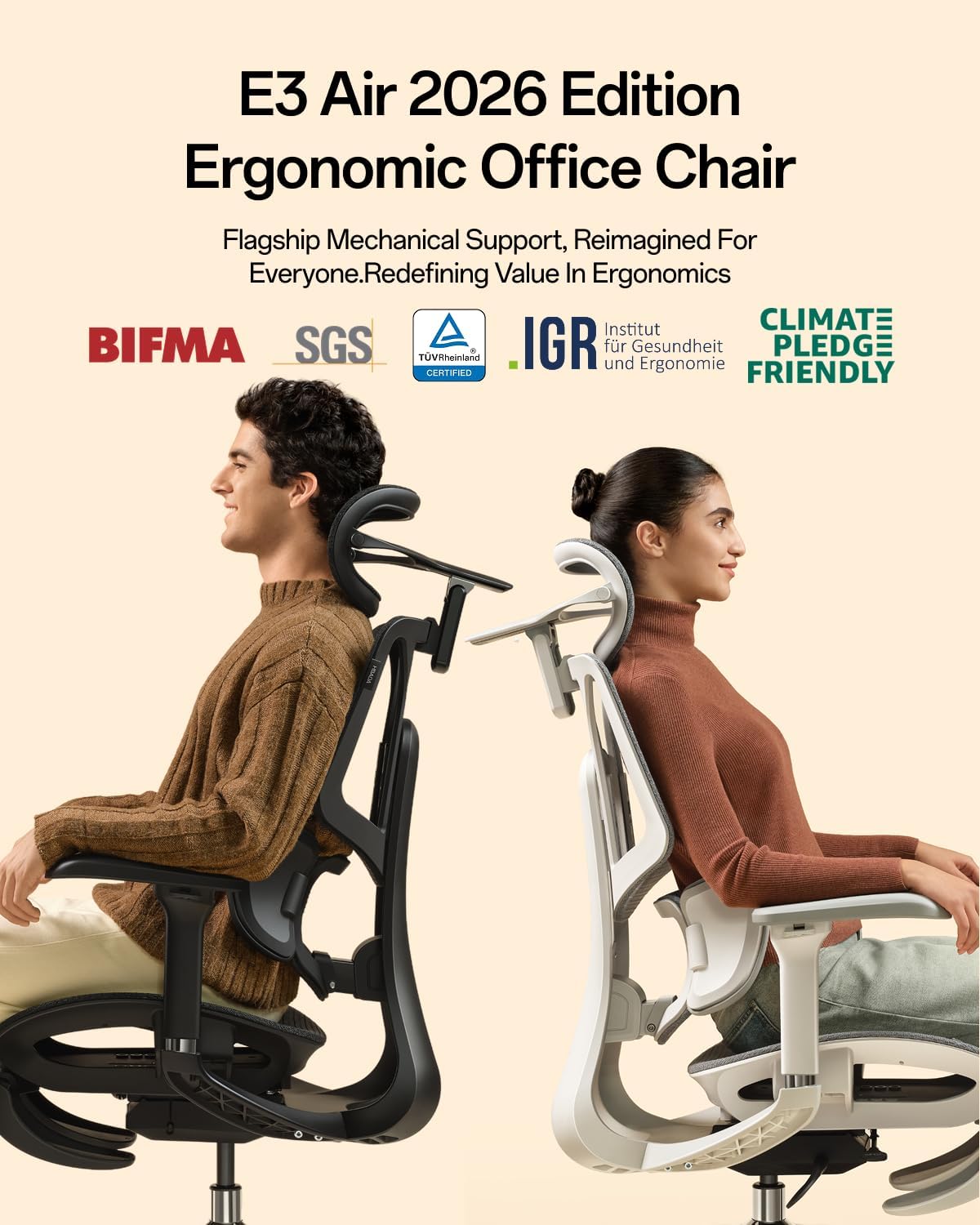 Hbada E3 Air 2026 Ergonomic Office Chair, 3-Zone Lumbar Support, Comfy Home Office Chair with Auto Recline, 4D Headrest & Armrests, 140° Tilt for Work & Relax with Footrest, Black with Footrest
