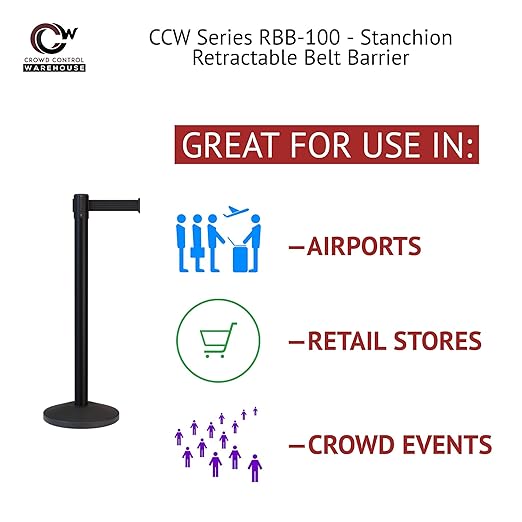 CCW Series RBB-100 - Set of 2 Stanchion Retractable Belt Barriers (11 Foot Belt, Red with"Please Wait HERE" White Letters Belt with Polished Brass Post)