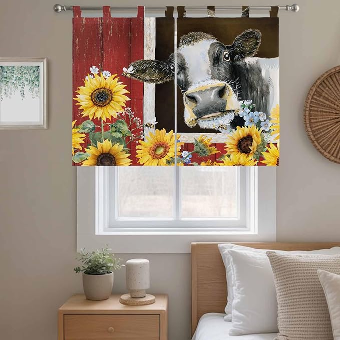 Cows Sunflowers Kitchen Curtains 45 Inch Length, Short Cafe Window Curtains Tab