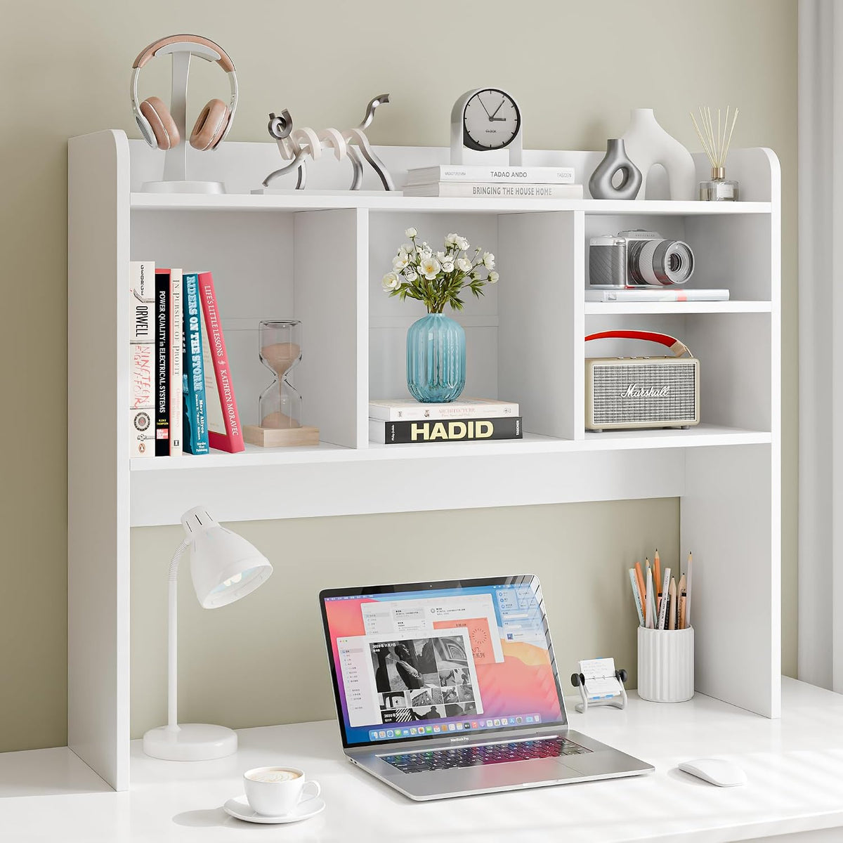 SUPER DEAL Desktop Bookshelf, Countertop Storage Hutch with 4 Shelves for Computer Desk, 2-Tier Display Rack, Multipurpose Wood Desk Hutch Storage Organizer for Home Office Dorm, White