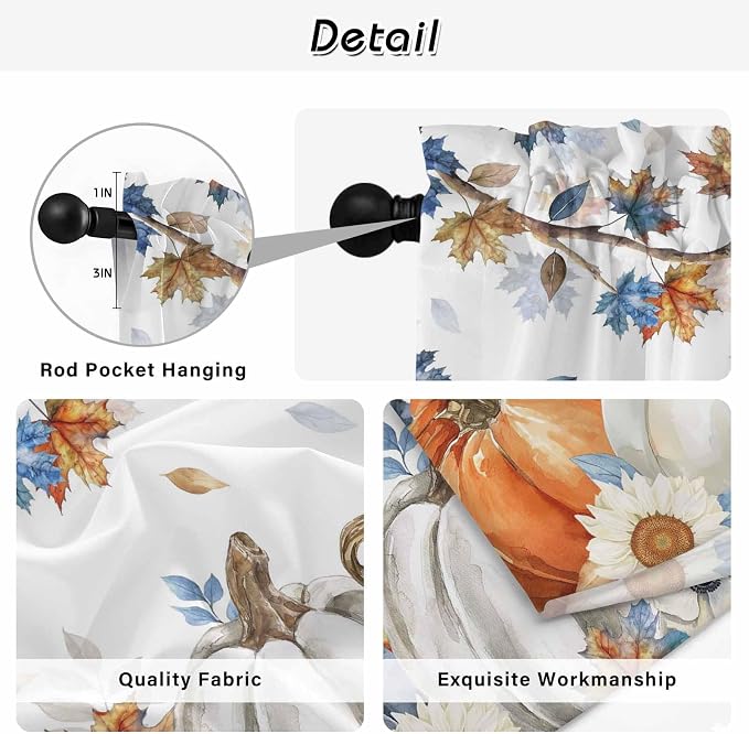 Navy Blue Pumpkin Fall Kitchen Tier Curtains 24 Inch Long 2 Panel Set, Rod