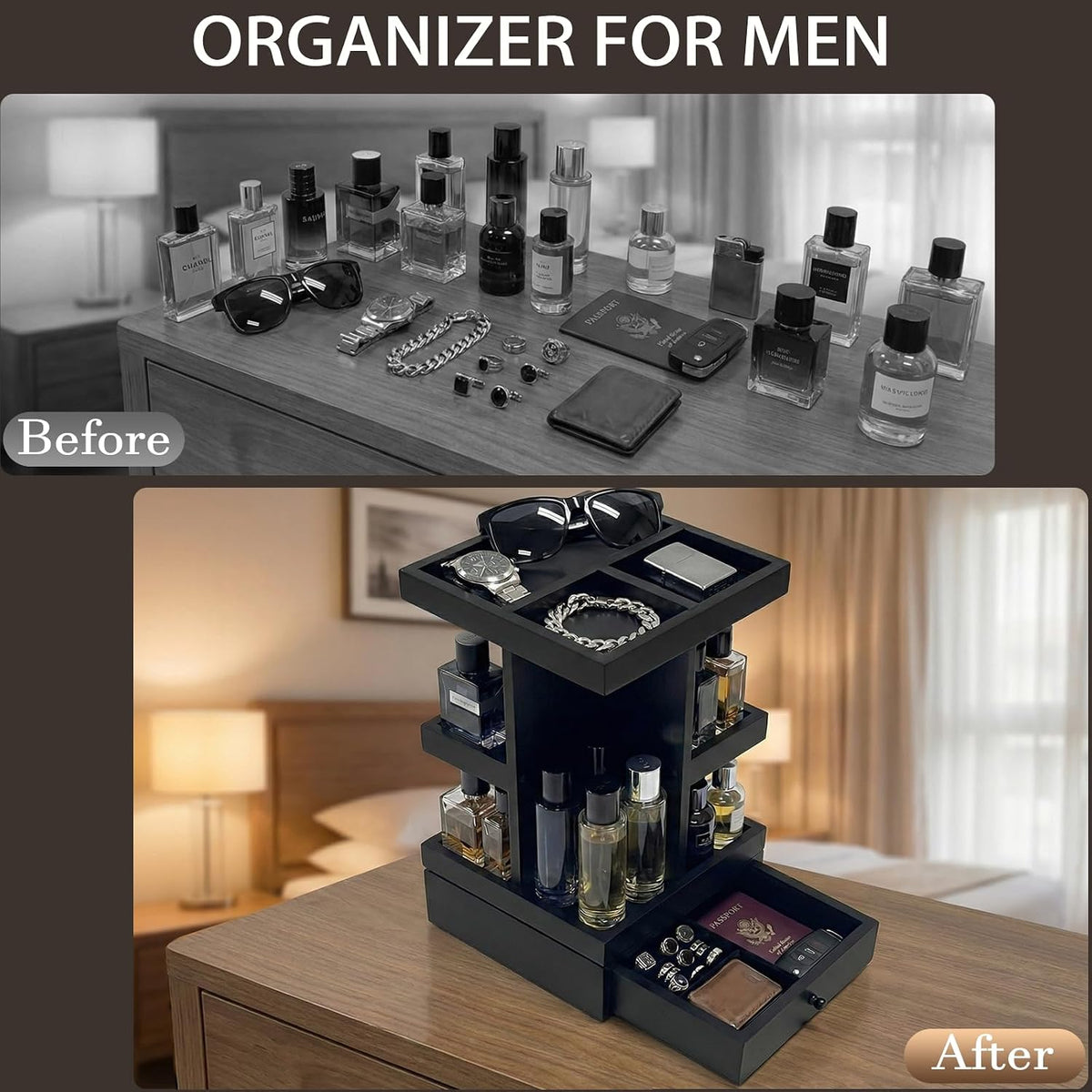4-Tier Rotating Cologne Organizer for Men, Modern Black