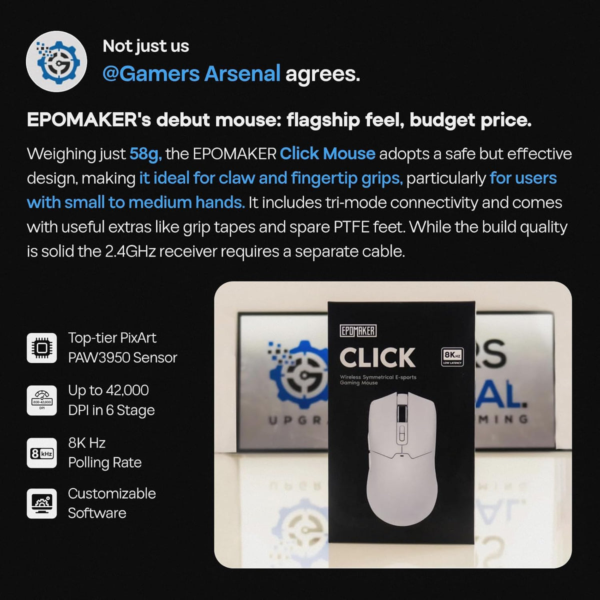 EPOMAKER Click Gaming Mouse Wireless 2.4Ghz/BT/Type-C, 800 to 42,000 DPI Adjustable, 8K Polling Rate, 500mAh, Lightweight Optical Mouse, for PC/Mac/Linux (White)